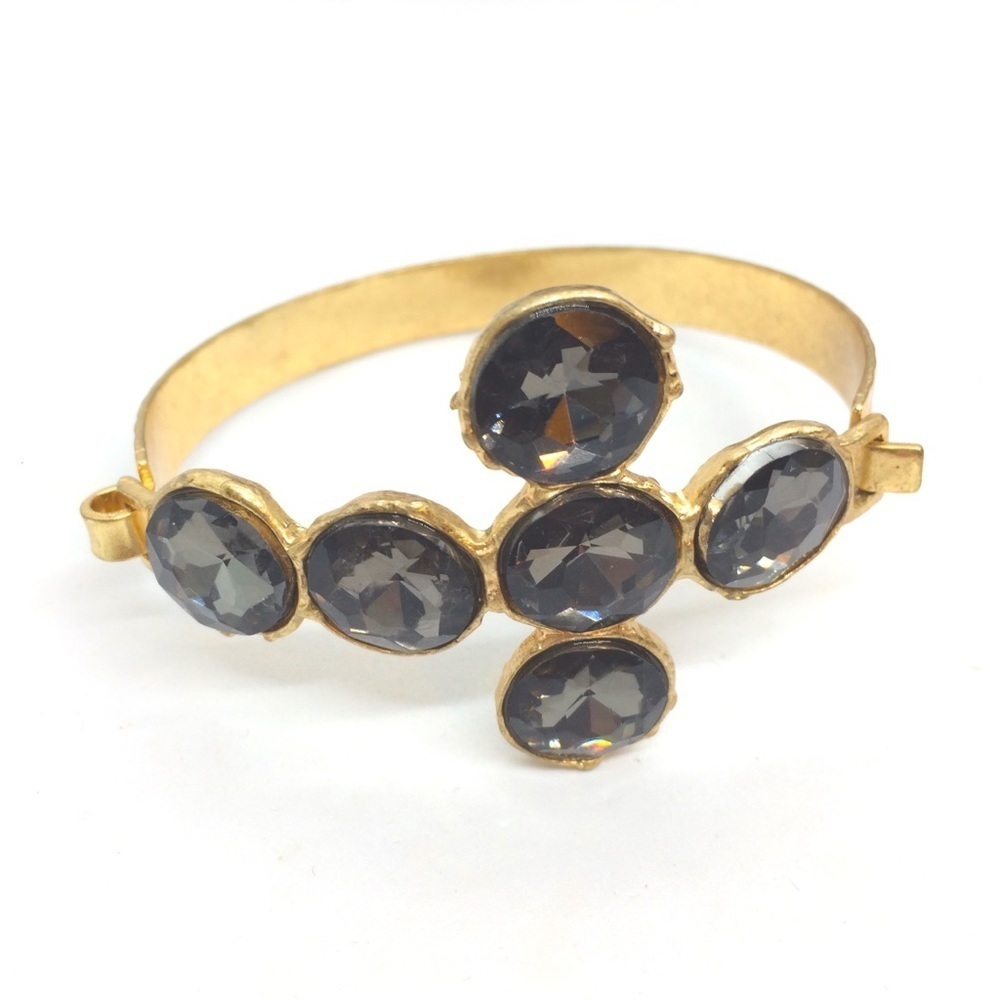 3/$30 SMOKEY FACETED ACRYLIC CROSS BANGLE BRACELET TEXTURED GOLD TONE